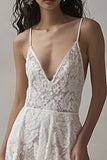 Ivory Lace Deep V Neck Sheath High-Low Formal Dress