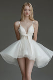 Ivory Organza A Line V Neck Short Graduation Dress