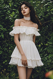 Ivory Chiffon A Line Off the Shoulder Ruffled Short Graduation Dress