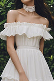 Ivory Chiffon A Line Off the Shoulder Ruffled Short Graduation Dress