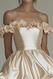 Champagne Satin Off the Shoulder Short Graduation Dress with Ruffles