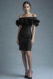 Black Satin Off the Shoulder Bodycon Short Cocktail Dress with Ruffles