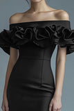 Black Satin Off the Shoulder Bodycon Short Cocktail Dress with Ruffles