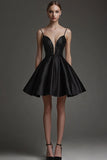 Sparkly Black Satin Deep V Neck A Line Short Cocktail Dress with Beading
