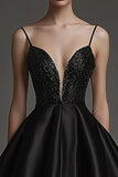 Sparkly Black Satin Deep V Neck A Line Short Cocktail Dress with Beading
