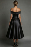 Simple Black Satin A Line Off The Shoulder Long Formal Dress