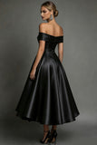 Simple Black Satin A Line Off The Shoulder Long Formal Dress