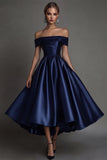 Simple Black Satin A Line Off The Shoulder Long Formal Dress