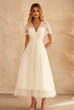 Ivory Chiffon A Line Boho Maxi Dress With Lace Short Sleeves