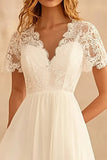 Ivory Chiffon A Line Boho Maxi Dress With Lace Short Sleeves