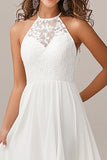 A Line White Halter Neck Chiffon Asymmetrical Formal Dress with Lace