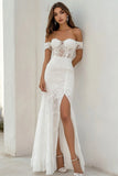 White Lace Off The Shoulder Long Boho Formal Dress with Slit