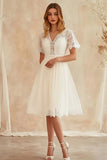 A Line Ivory Chiffon Midi Short Sleeves Graduation Dress