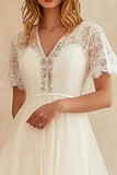 A Line Ivory Chiffon Midi Short Sleeves Graduation Dress