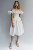 Off The Shoulder A Line Ruffled White Midi Graduation Dress