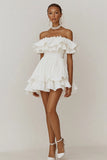 Off The Shoulder Ruffled Tiered White Short Graduation Dress
