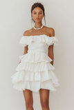 Off The Shoulder Tiered A Line White Short Graduation Dress