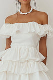 Off The Shoulder Tiered A Line White Short Graduation Dress