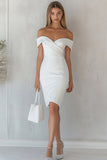 Off The Shoulder Bodycon Satin White Midi Graduation Dress