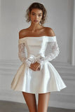 Off The Shoulder Long Sleeves White Short Graduation Dress with Lace