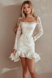 Long Sleeves Bodycon Ruffled Lace White Short Graduation Dress