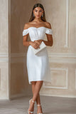 Off The Shoulder Satin Bodycon White Midi Graduation Dress