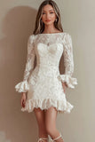 Long Sleeves Bodycon White Lace Ruffled Short Graduation Dress