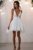 Sparkly A Line Tulle White V Neck Short Graduation Dress