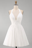 Sparkly Halter Chiffon A Line White Short Graduation Dress