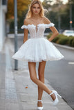 Off The Shoulder A Line Lace White Short Graduation Dress