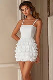 Ruffled Chiffon Spaghetti Straps Tiered White Short Graduation Dress