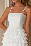 Ruffled Chiffon Spaghetti Straps Tiered White Short Graduation Dress