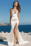 White Mermaid V Neck Long Formal Dress With Slit