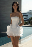 Stylish A Line Strapless White Ruffled Short Graduation Dress