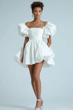 A Line Puff Sleeve White Short Graduation Dress