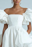 A Line Puff Sleeve White Short Graduation Dress