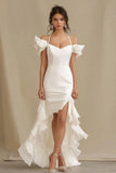 Ivory Cold Shoulder Sheath Ruffled High-Low Graduation Dress