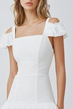 Square Neck A Line White Short Graduation Dress with Ruffles