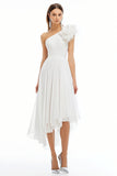 One Shoulder A Line White Midi Graduation Dress With 3D Flower