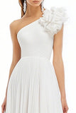 One Shoulder A Line White Midi Graduation Dress With 3D Flower