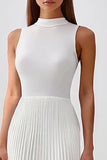 High Neck Sheath Pleated White Long Work Dress