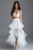 White Organza A Line Tiered Two Piece Long Graduation Dress