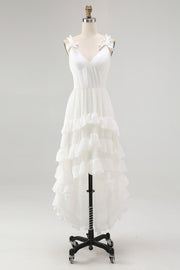 Ivory A Line High Low Tiered Ruffled Spaghetti Straps Boho Dress