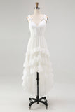Ivory A Line High Low Tiered Ruffled Spaghetti Straps Boho Dress