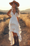Ivory A Line High Low Tiered Ruffled Spaghetti Straps Boho Dress