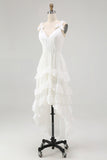 Ivory A Line High Low Tiered Ruffled Spaghetti Straps Boho Dress