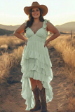 Ivory A Line High Low Tiered Ruffled Boho Dress