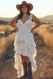 Ivory A Line High Low Tiered Ruffled Spaghetti Straps Boho Dress