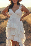 Ivory A Line High Low Tiered Ruffled Boho Dress