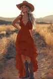 Ivory A Line High Low Tiered Ruffled Boho Dress